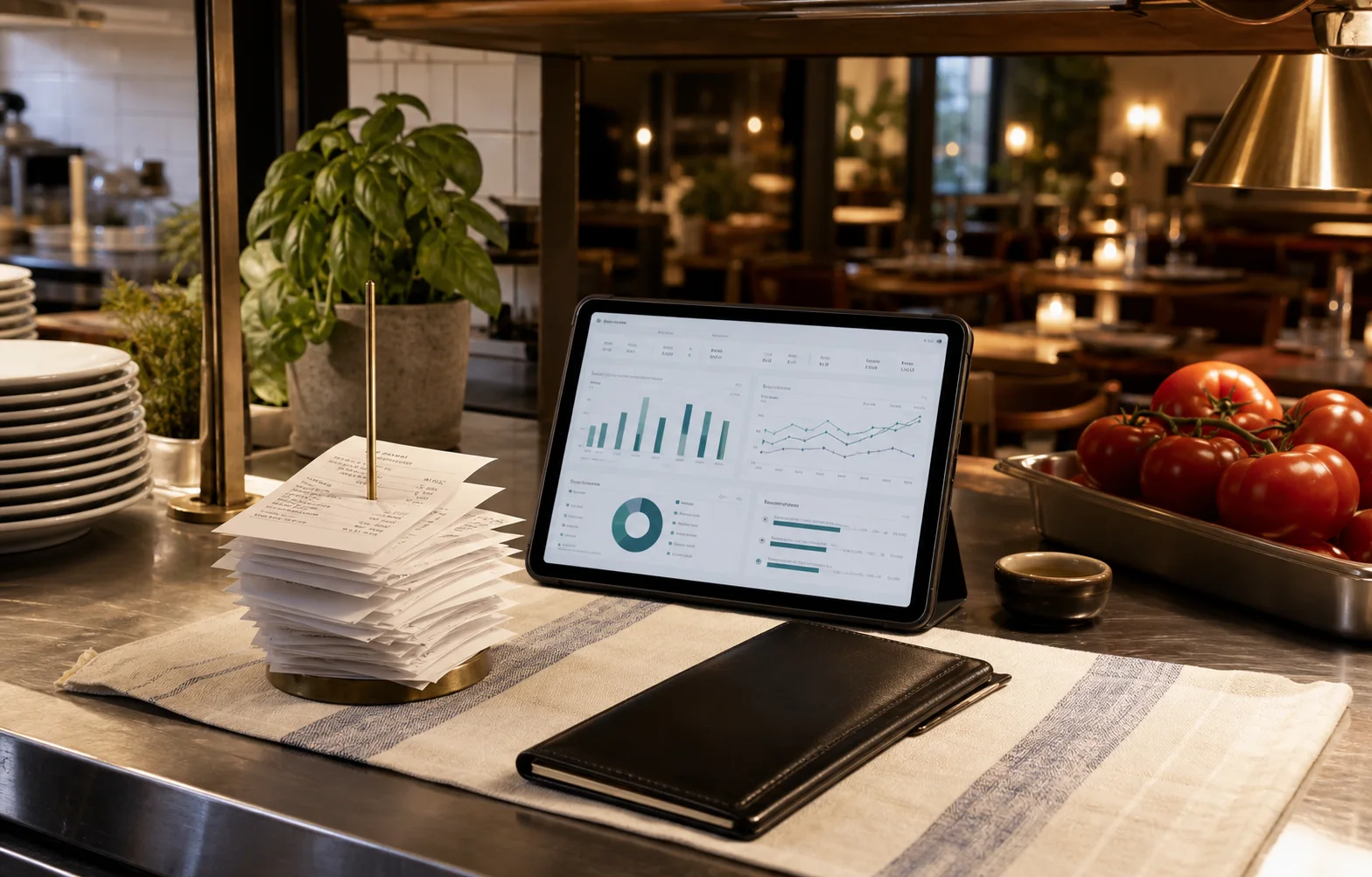 Restaurant pass with receipts and a tablet showing financial reports